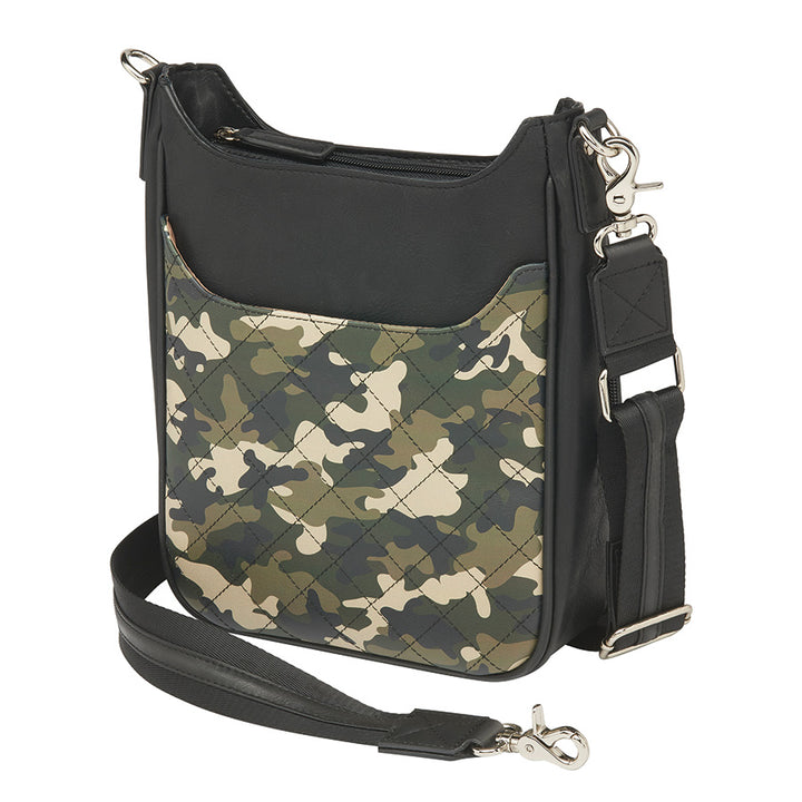 Black camo-style crossbody mail pouch concealed carry bag made of quilted top grain cowhide. Features RFID protection, ambidextrous draw options, and slash-resistant strap with steel cable reinforcement.