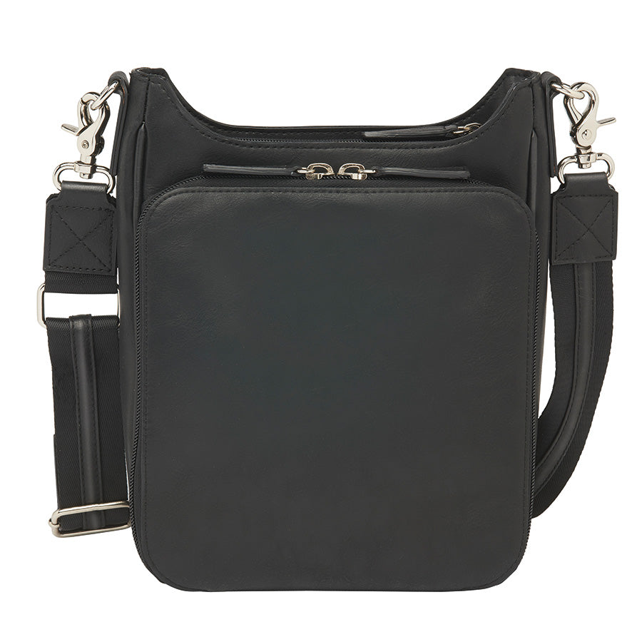 Black camo-style crossbody mail pouch concealed carry bag made of quilted top grain cowhide. Features RFID protection, ambidextrous draw options, and slash-resistant strap with steel cable reinforcement.