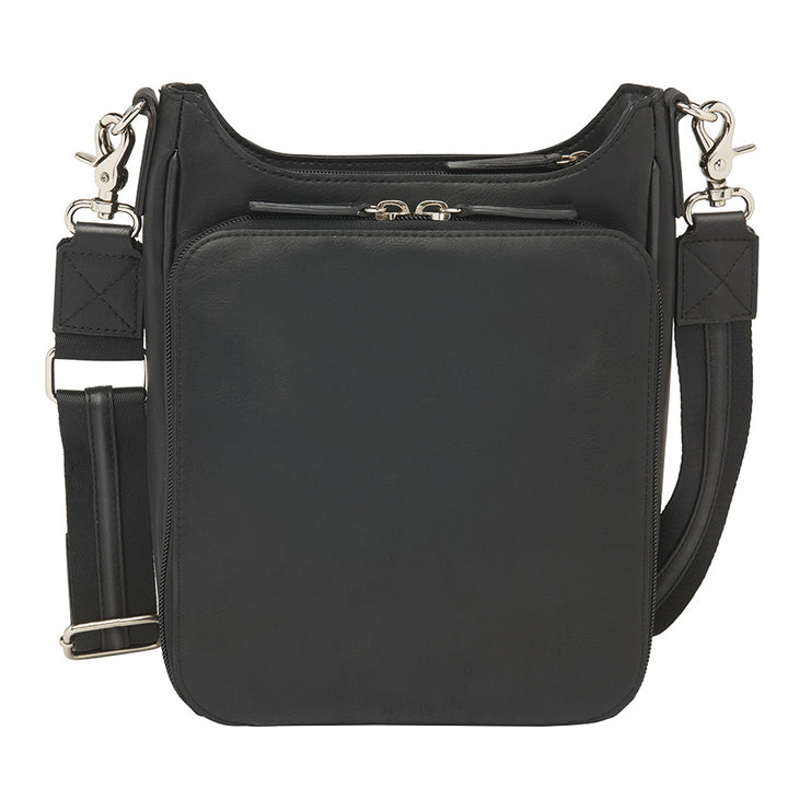 Black camo-style crossbody mail pouch concealed carry bag made of quilted top grain cowhide. Features RFID protection, ambidextrous draw options, and slash-resistant strap with steel cable reinforcement.