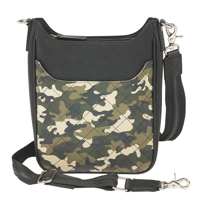Black camo-style crossbody mail pouch concealed carry bag made of quilted top grain cowhide. Features RFID protection, ambidextrous draw options, and slash-resistant strap with steel cable reinforcement.