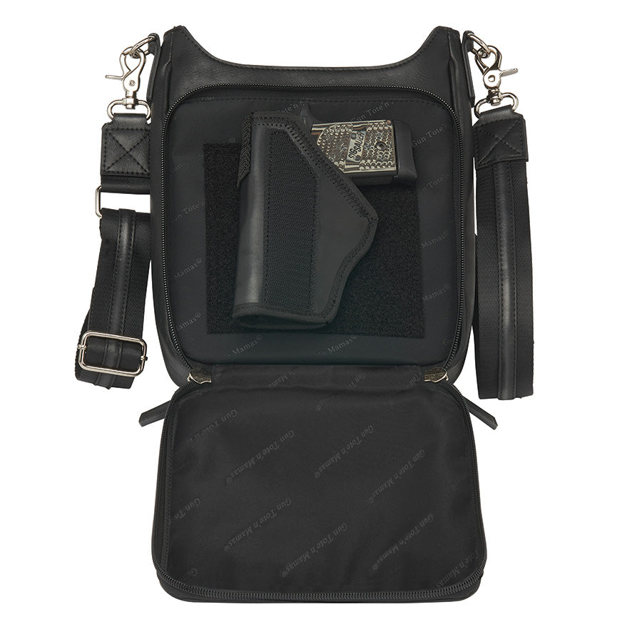 Black camo-style crossbody mail pouch concealed carry bag made of quilted top grain cowhide. Features RFID protection, ambidextrous draw options, and slash-resistant strap with steel cable reinforcement.