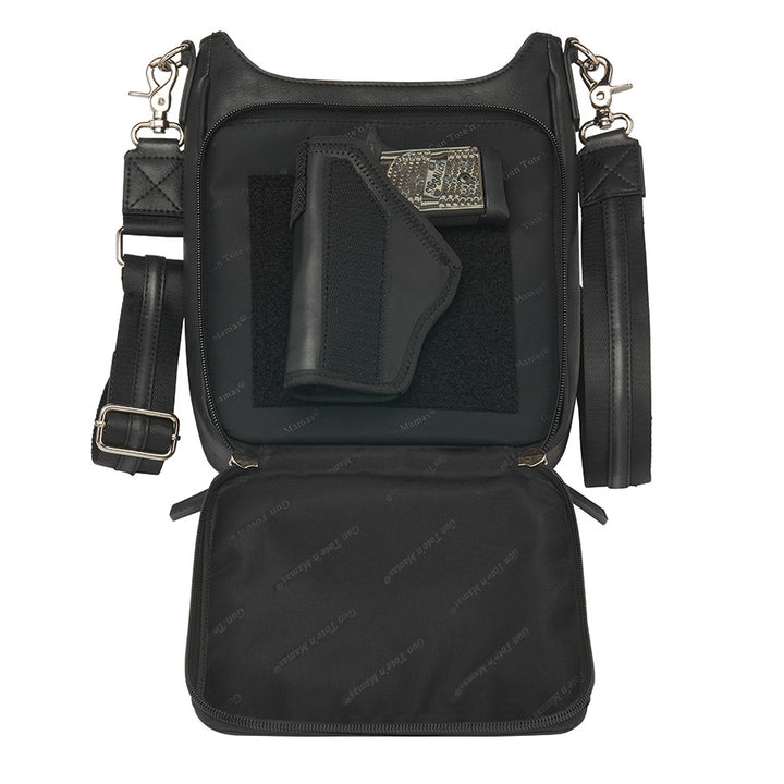 Black camo-style crossbody mail pouch concealed carry bag made of quilted top grain cowhide. Features RFID protection, ambidextrous draw options, and slash-resistant strap with steel cable reinforcement.