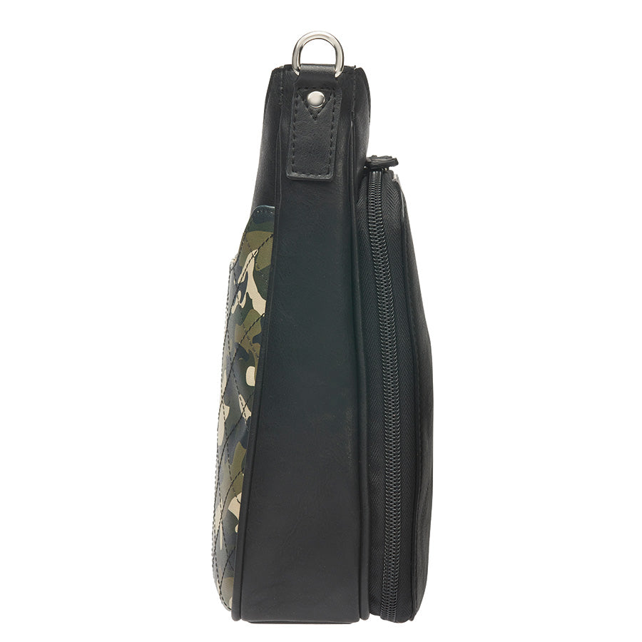 Black camo-style crossbody mail pouch concealed carry bag made of quilted top grain cowhide. Features RFID protection, ambidextrous draw options, and slash-resistant strap with steel cable reinforcement.