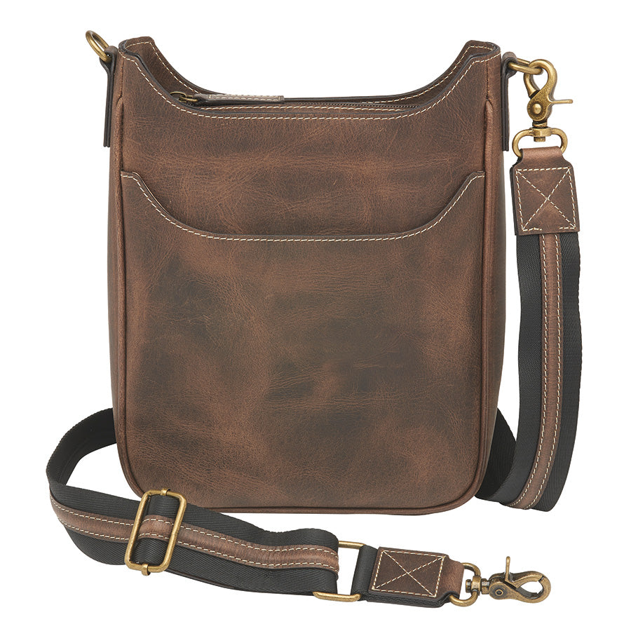 "Distressed brown buffalo leather crossbody mail pouch with vintage patina, RFID protection, slash-resistant strap, and concealed carry holster compatible with left or right draw