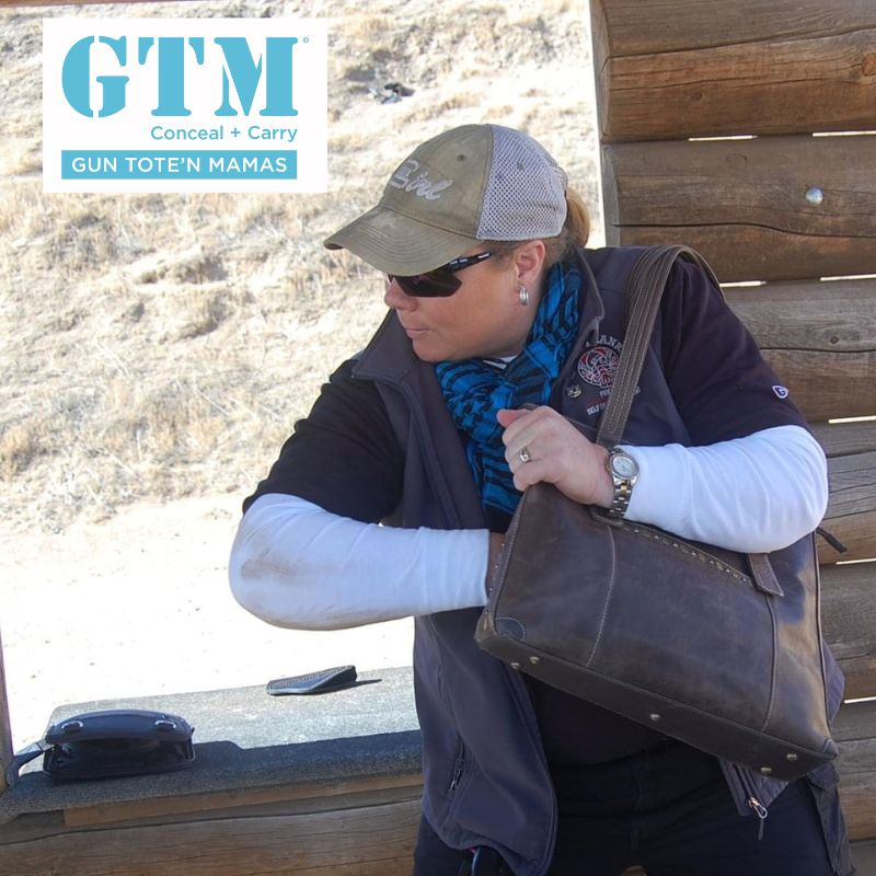 women  setting practicing a gun draw maneuver using a GTM concealed carry purse.