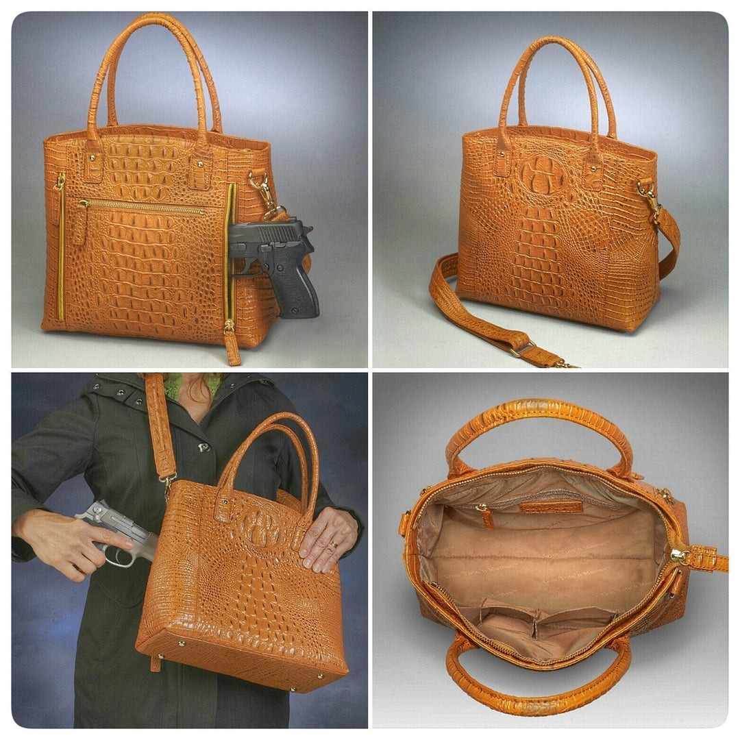 4 images of light brown leather purse from Gun Tote'n Mamas