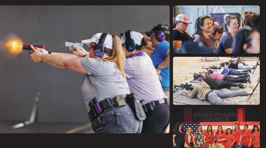 Women practicing at a shooting range with pistols drawn, wearing protective gear and GTM branding visible.