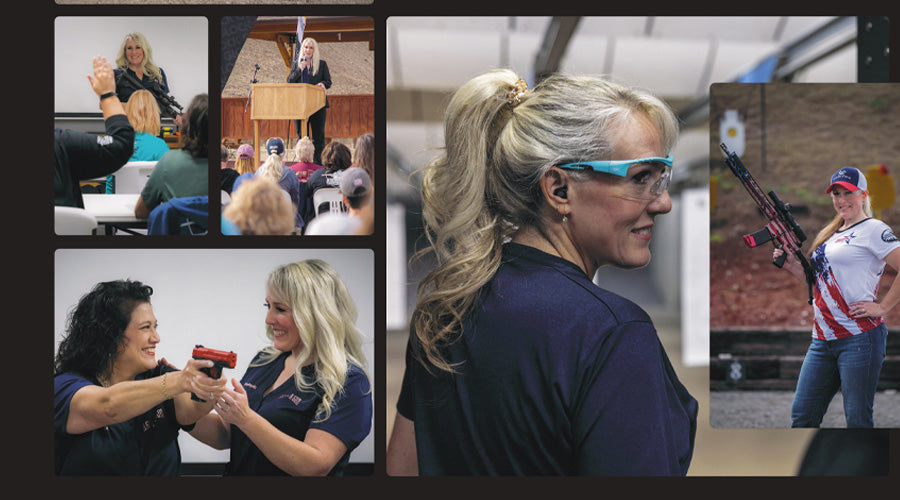 Collage of women smiling and interacting at an event booth, including firearms training demos and GTM bags.