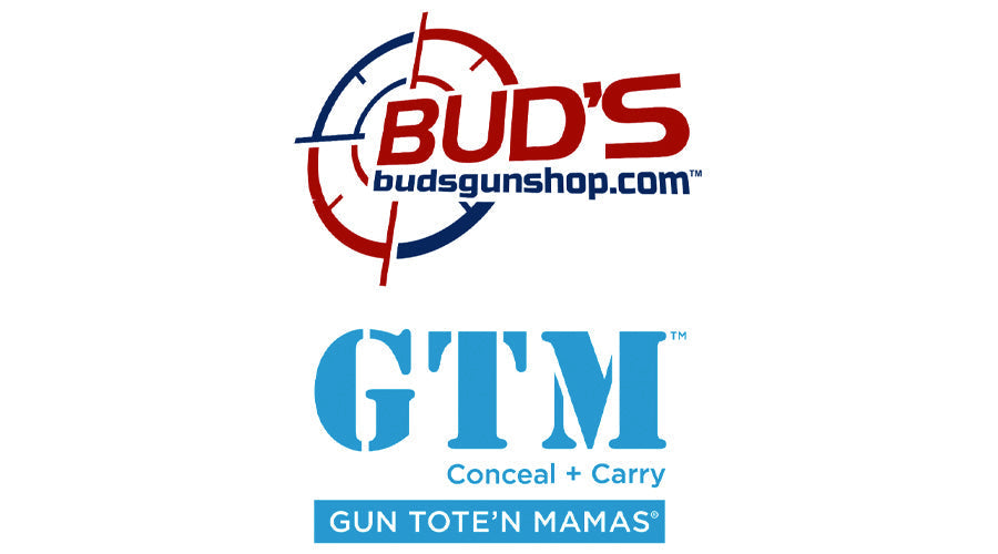 Logo for Bud’s Gun Shop with images of a classroom training session and hands-on instruction involving GTM concealed carry bags.