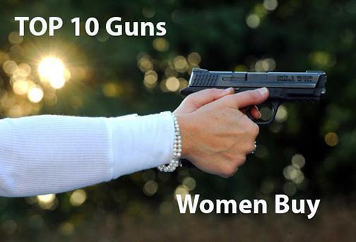 image of a lady shooting a pistol. captioned top 10 guns women buy as a informational piece