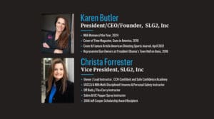 Headshots and bios of Karen Butler and Christa Forrester from SLG2, Inc. on a black graphic with white and red text.