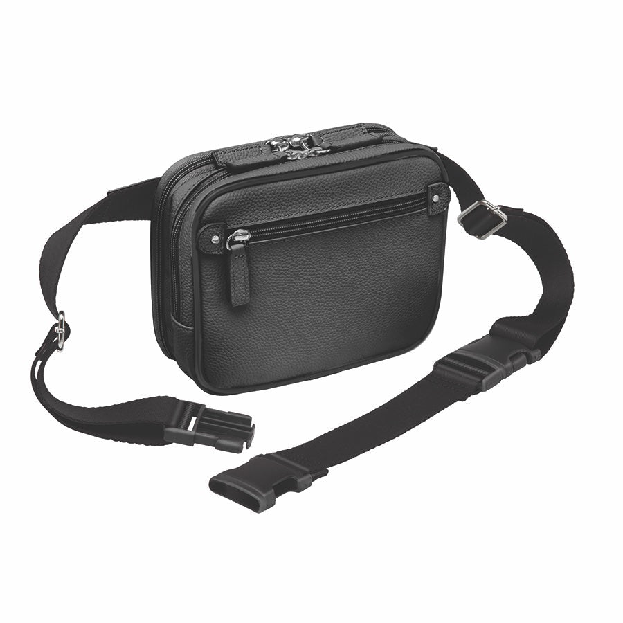 Black GTMoriginals sling waist pack with concealed carry design, made of cowhide leather, featuring multiple compartments.