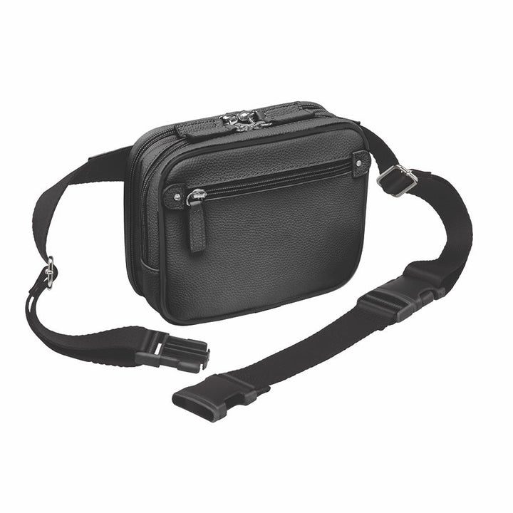 Black GTMoriginals sling waist pack with concealed carry design, made of cowhide leather, featuring multiple compartments.