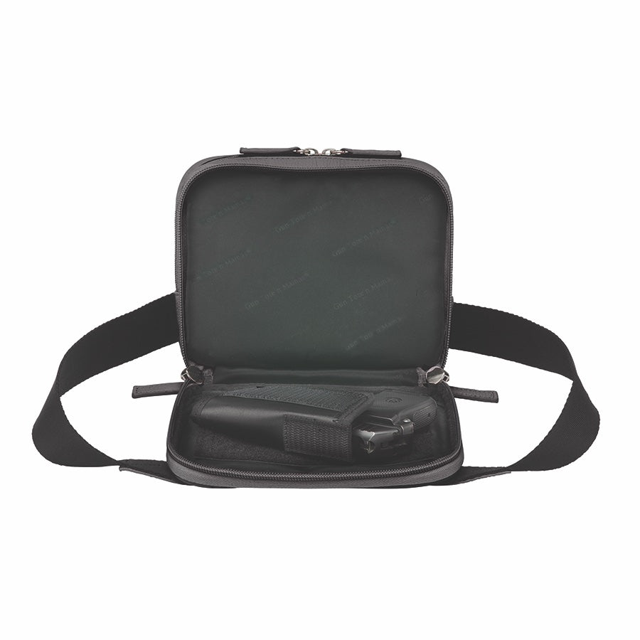 GTMoriginals sling waist pack in black cowhide with concealed carry compartment, open showing interior and firearm pocket.