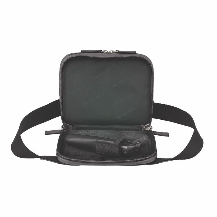 GTMoriginals sling waist pack in black cowhide with concealed carry compartment, open showing interior and firearm pocket.