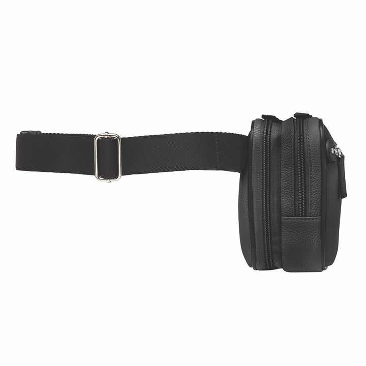 Black GTMoriginals sling waist pack with concealed carry design, made from durable cowhide leather, shown from side view.