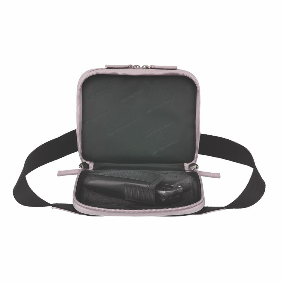 Lavender concealed carry sling waist pack made from soft pebbled American cowhide, with RFID zip pocket, crossbody or waist wear options, and discreet 3-sided access gun compartment with MINI holster compatibility.