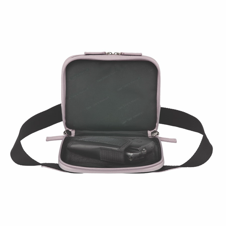 Lavender concealed carry sling waist pack made from soft pebbled American cowhide, with RFID zip pocket, crossbody or waist wear options, and discreet 3-sided access gun compartment with MINI holster compatibility.