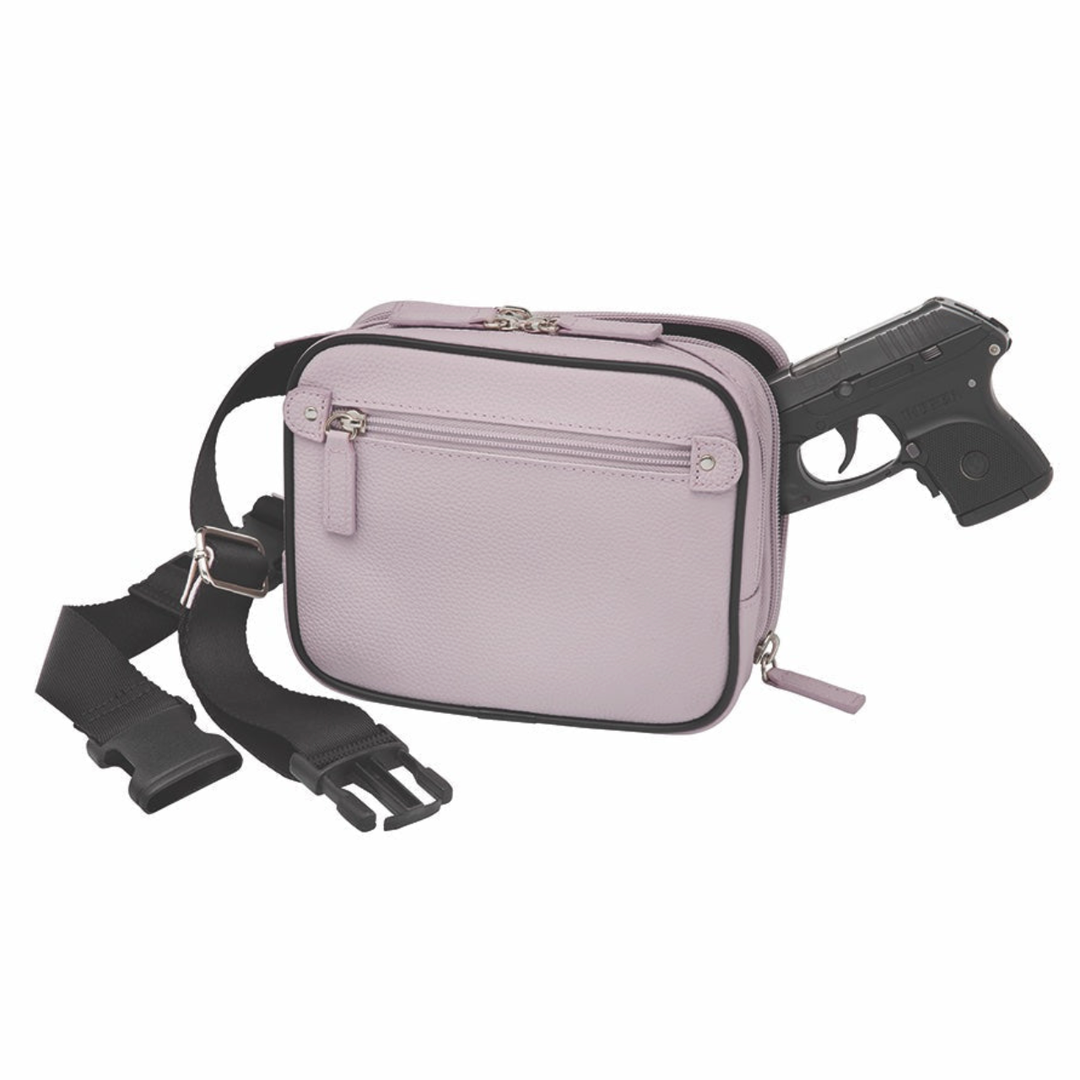 Lavender concealed carry sling waist pack made from soft pebbled American cowhide, with RFID zip pocket, crossbody or waist wear options, and discreet 3-sided access gun compartment with MINI holster compatibility.