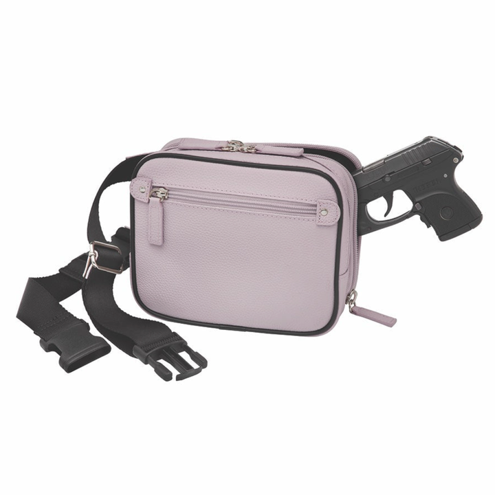 Lavender concealed carry sling waist pack made from soft pebbled American cowhide, with RFID zip pocket, crossbody or waist wear options, and discreet 3-sided access gun compartment with MINI holster compatibility.