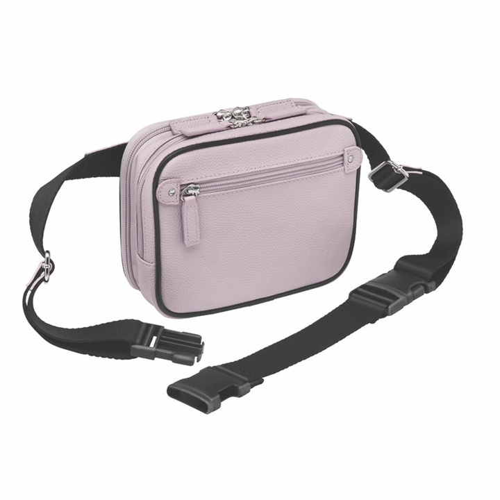 Lavender concealed carry sling waist pack made from soft pebbled American cowhide, with RFID zip pocket, crossbody or waist wear options, and discreet 3-sided access gun compartment with MINI holster compatibility.