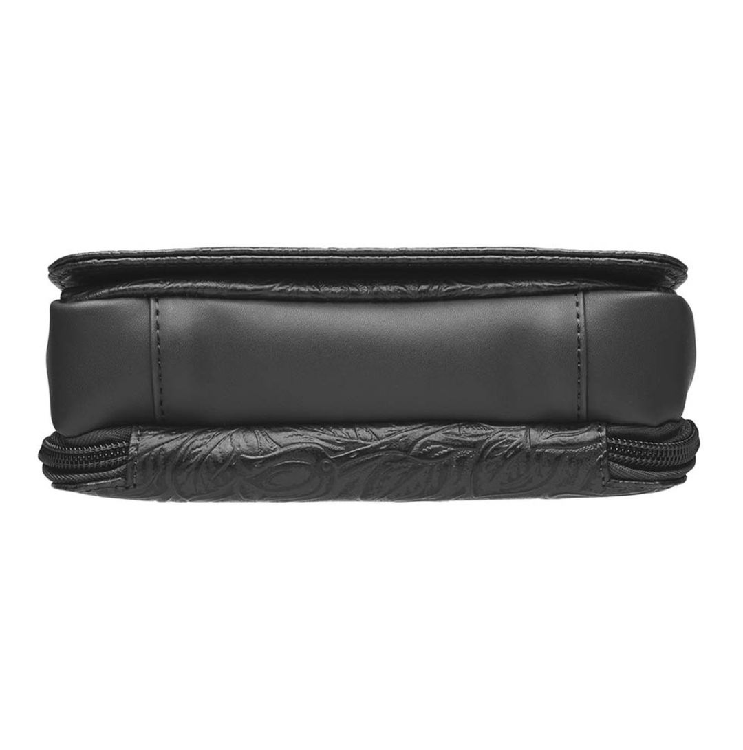 Lightweight black crossbody organizer made from debossed American cowhide with rose leaf tooling, secure RFID zippered compartment, slash-resistant strap, adjustable and removable shoulder strap, includes mini holster compatible with Crossbreed holsters.