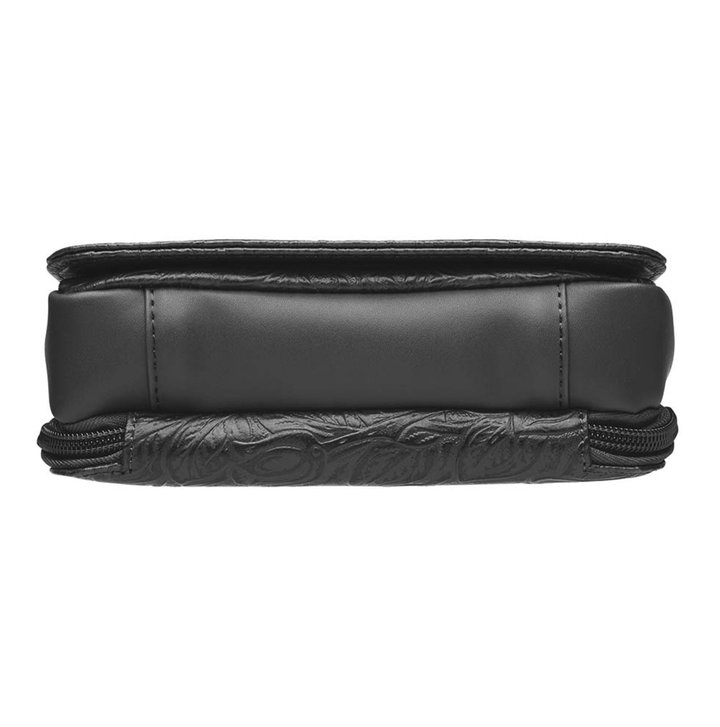 Lightweight black crossbody organizer made from debossed American cowhide with rose leaf tooling, secure RFID zippered compartment, slash-resistant strap, adjustable and removable shoulder strap, includes mini holster compatible with Crossbreed holsters.