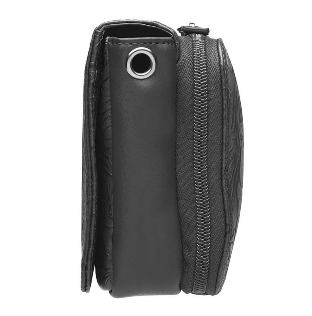 Lightweight black crossbody organizer made from debossed American cowhide with rose leaf tooling, secure RFID zippered compartment, slash-resistant strap, adjustable and removable shoulder strap, includes mini holster compatible with Crossbreed holsters.