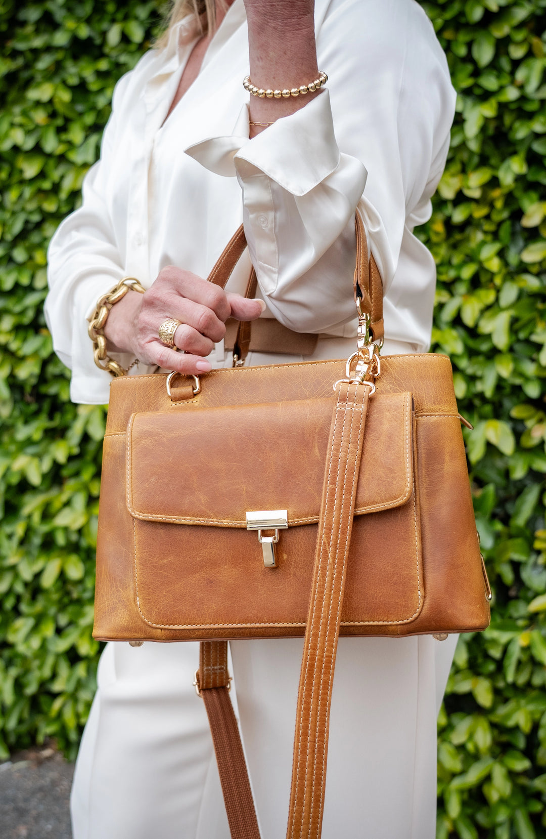 GTMoriginals Avenue Large Satchel Concealed Carry Sling Bag GTM-32/CRML with leather accents and adjustable strap, close-up view