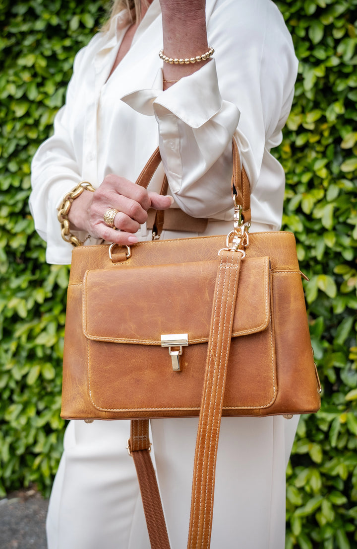 GTMoriginals Avenue Large Satchel Concealed Carry Sling Bag GTM-32/CRML with leather accents and adjustable strap, close-up view