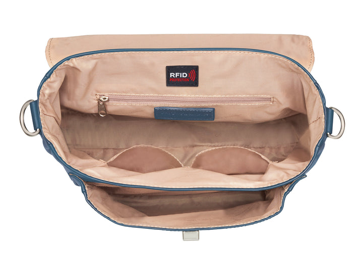 Ocean blue schoolgirl-style concealed carry crossbody satchel made from USA brushed cowhide, with RFID protection, toggle clasp flap closure, slash-resistant strap, and discreet side-access gun compartment