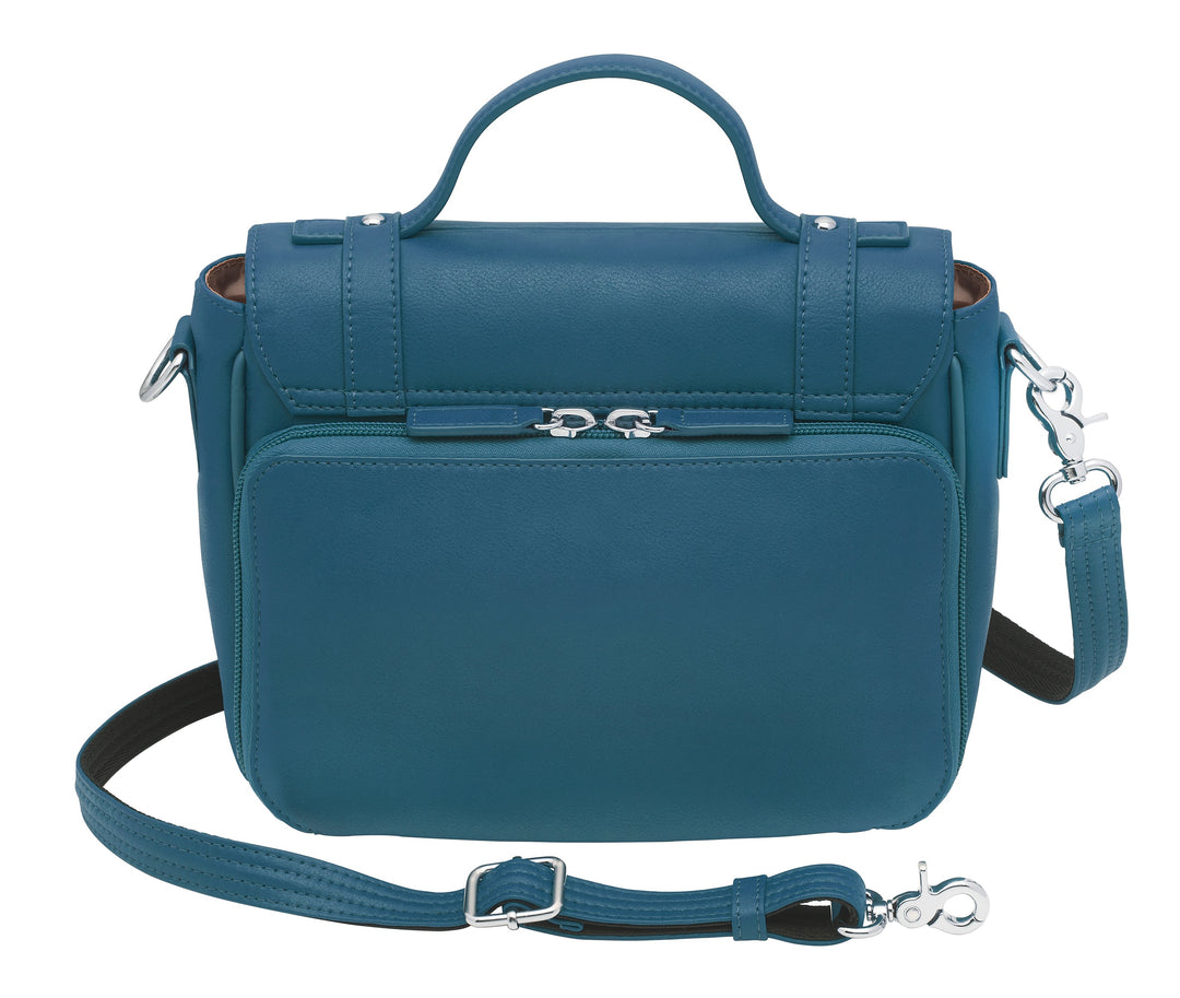 Ocean blue schoolgirl-style concealed carry crossbody satchel made from USA brushed cowhide, with RFID protection, toggle clasp flap closure, slash-resistant strap, and discreet side-access gun compartment