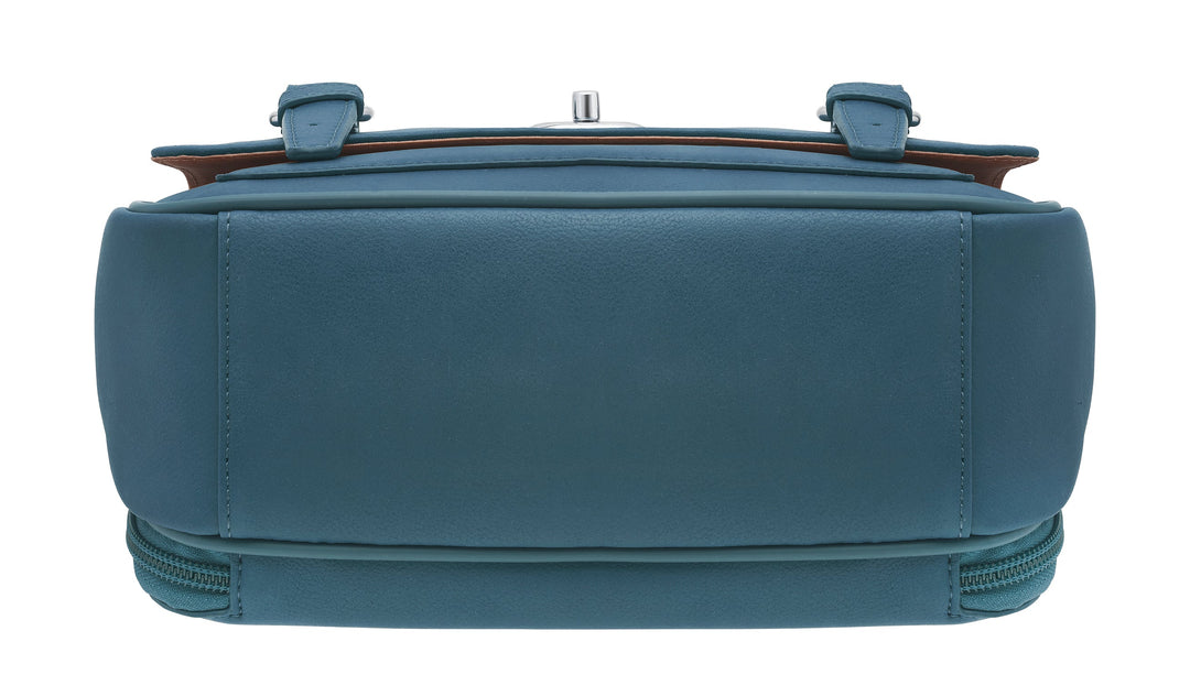 Ocean blue schoolgirl-style concealed carry crossbody satchel made from USA brushed cowhide, with RFID protection, toggle clasp flap closure, slash-resistant strap, and discreet side-access gun compartment