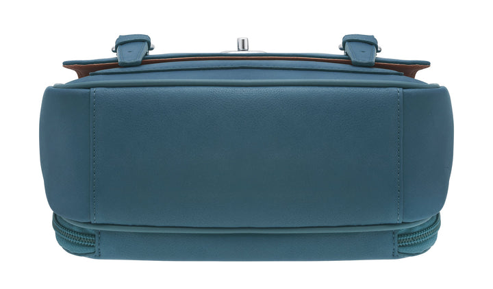 Ocean blue schoolgirl-style concealed carry crossbody satchel made from USA brushed cowhide, with RFID protection, toggle clasp flap closure, slash-resistant strap, and discreet side-access gun compartment