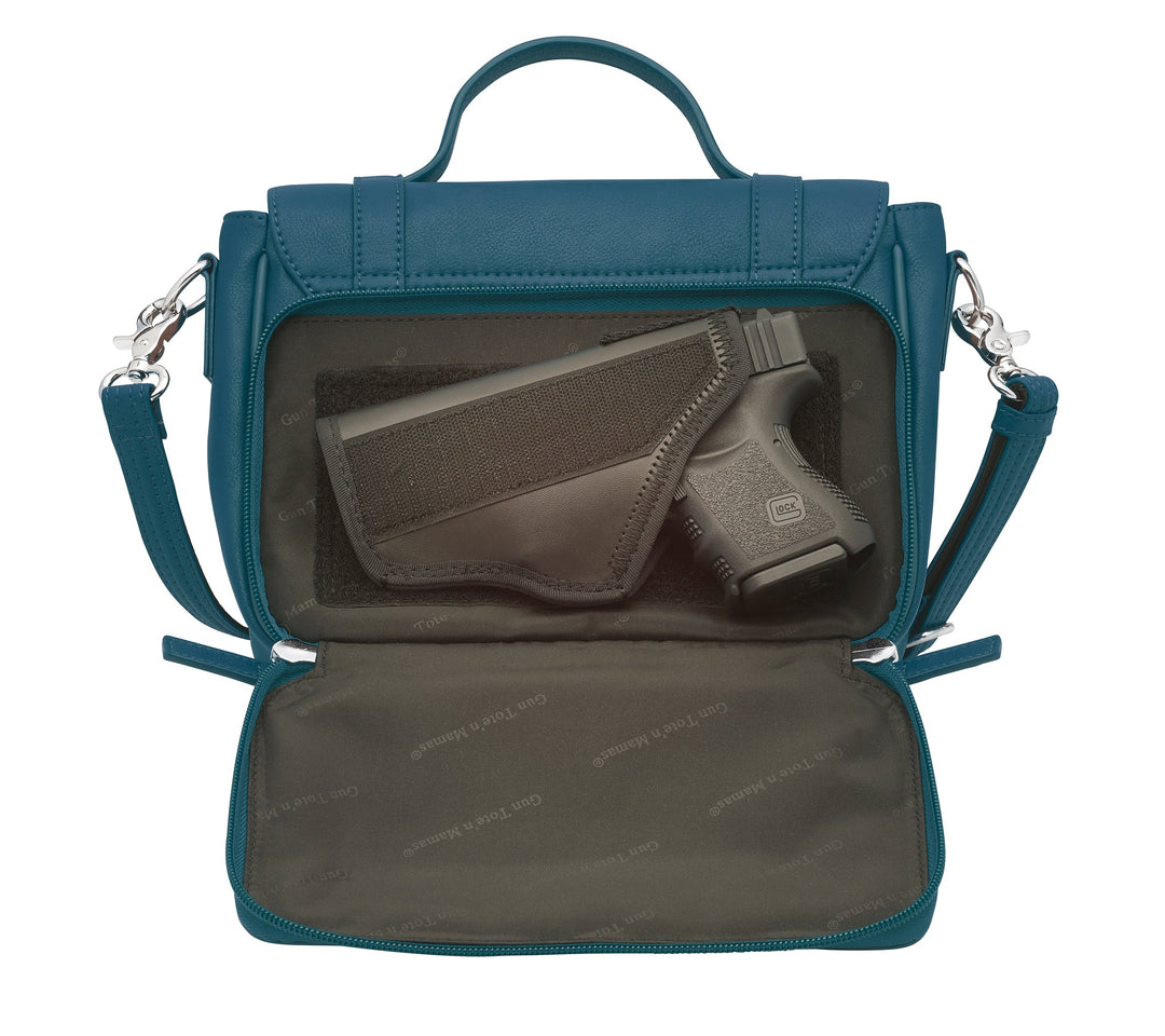 Ocean blue schoolgirl-style concealed carry crossbody satchel made from USA brushed cowhide, with RFID protection, toggle clasp flap closure, slash-resistant strap, and discreet side-access gun compartment