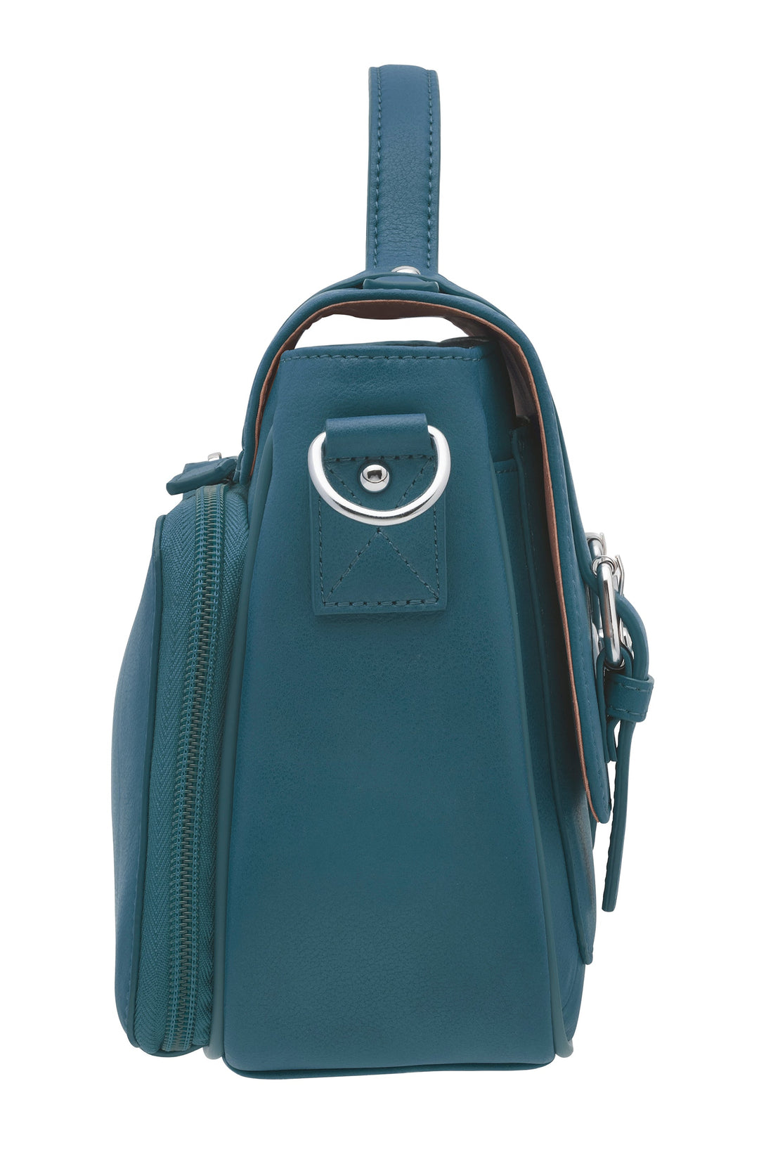 Ocean blue schoolgirl-style concealed carry crossbody satchel made from USA brushed cowhide, with RFID protection, toggle clasp flap closure, slash-resistant strap, and discreet side-access gun compartment