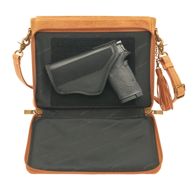 Clutch Concealed Carry Purse Distressed Buffalo GTM-CZY/22 open with gun compartment 