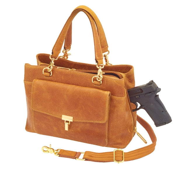 Avenue Large Satchel Concealed Carry Bag GTM-32/PBBONE Carmel purse side with gun inserted in purse
