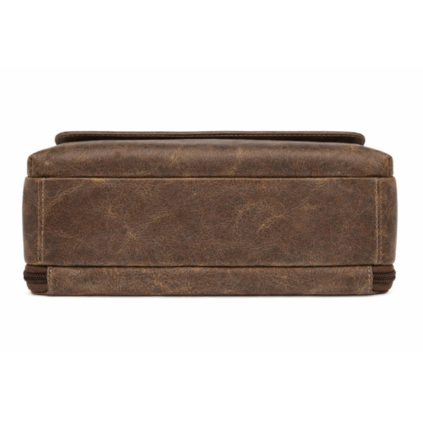 bottom view of Distressed caramel leather clutch purse designed for concealed carry handguns