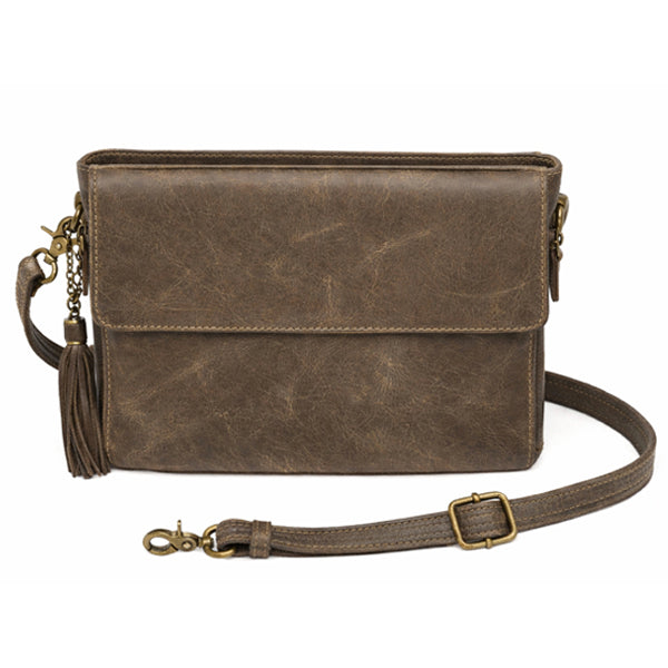 Distressed caramel leather concealed carry clutch purse with tassel and zipper closure