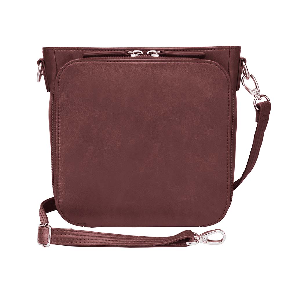Red mini concealed carry crossbody bag with built-in RFID wallet, triple-sided zip gun access for small pistols, slash-resistant strap, zippered main compartment, washable cowhide leather with symbolic debossed pattern, ideal for women’s self-defense in a compact, stylish form.