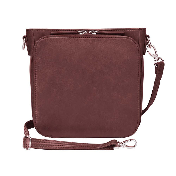Red mini concealed carry crossbody bag with built-in RFID wallet, triple-sided zip gun access for small pistols, slash-resistant strap, zippered main compartment, washable cowhide leather with symbolic debossed pattern, ideal for women’s self-defense in a compact, stylish form.