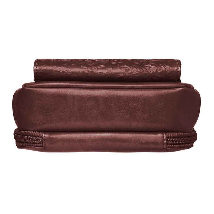 Red mini concealed carry crossbody bag with built-in RFID wallet, triple-sided zip gun access for small pistols, slash-resistant strap, zippered main compartment, washable cowhide leather with symbolic debossed pattern, ideal for women’s self-defense in a compact, stylish form.