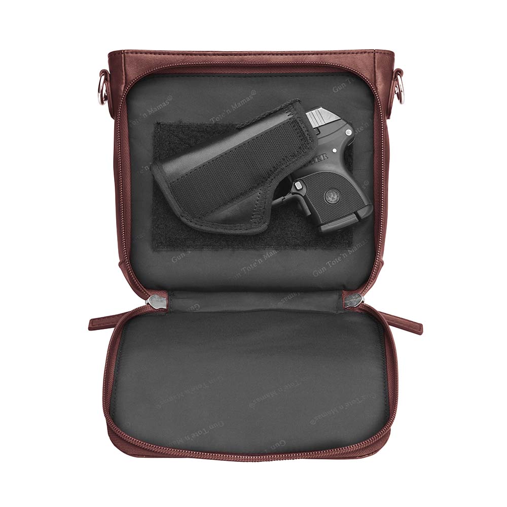 Red mini concealed carry crossbody bag with built-in RFID wallet, triple-sided zip gun access for small pistols, slash-resistant strap, zippered main compartment, washable cowhide leather with symbolic debossed pattern, ideal for women’s self-defense in a compact, stylish form.