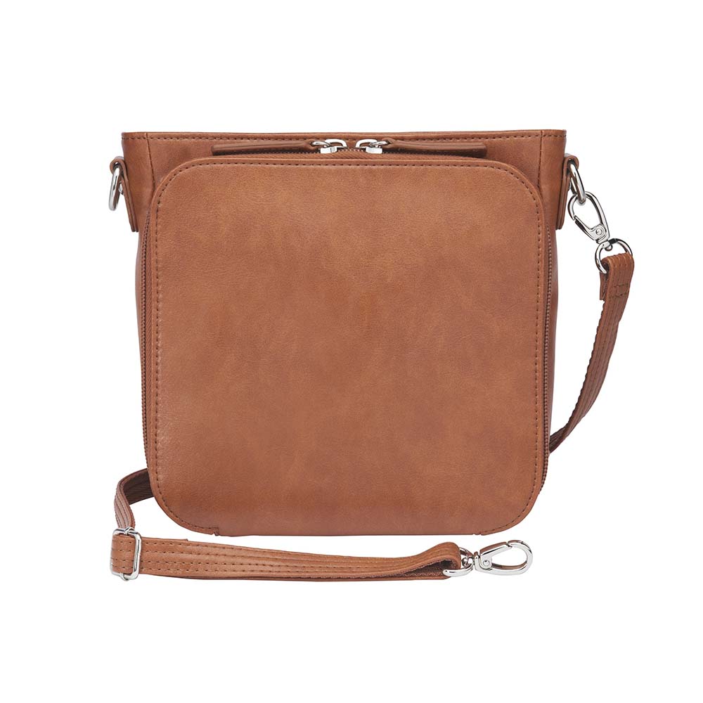 Tan concealed carry crossbody purse in washable American cowhide leather with RFID wallet organizer, slash-resistant steel cable strap, secure magnetic flap, triple-zippered gun access for compact firearms like Ruger LCP and Kahr 9, perfect for women seeking discreet protection and clean styling.