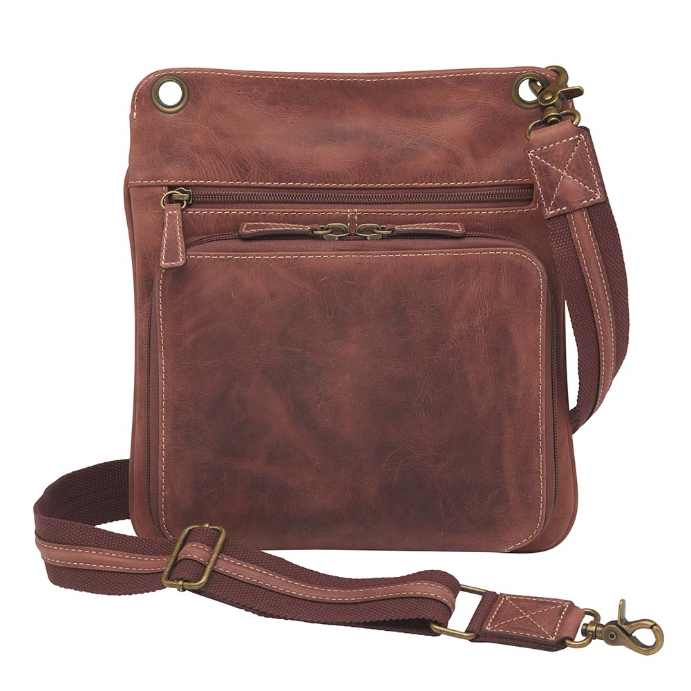 Vintage distressed buffalo leather concealed carry crossbody purse with adjustable slash-resistant strap, left and right-handed access, and a secure gun compartment designed for fast draw. Includes holster and fits compact handguns like S&W Shield, Ruger LCP, and Glock 42.
