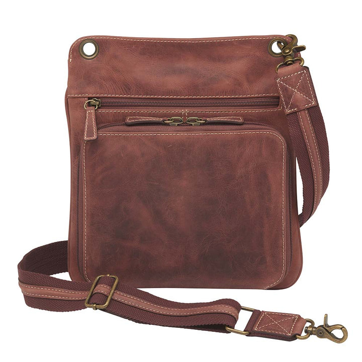 Vintage distressed buffalo leather concealed carry crossbody purse with adjustable slash-resistant strap, left and right-handed access, and a secure gun compartment designed for fast draw. Includes holster and fits compact handguns like S&W Shield, Ruger LCP, and Glock 42.