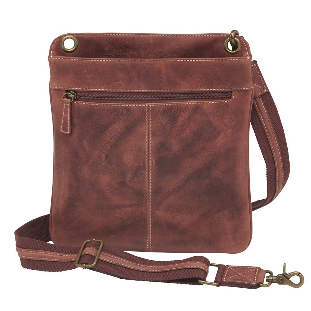 Vintage distressed buffalo leather concealed carry crossbody purse with adjustable slash-resistant strap, left and right-handed access, and a secure gun compartment designed for fast draw. Includes holster and fits compact handguns like S&W Shield, Ruger LCP, and Glock 42.