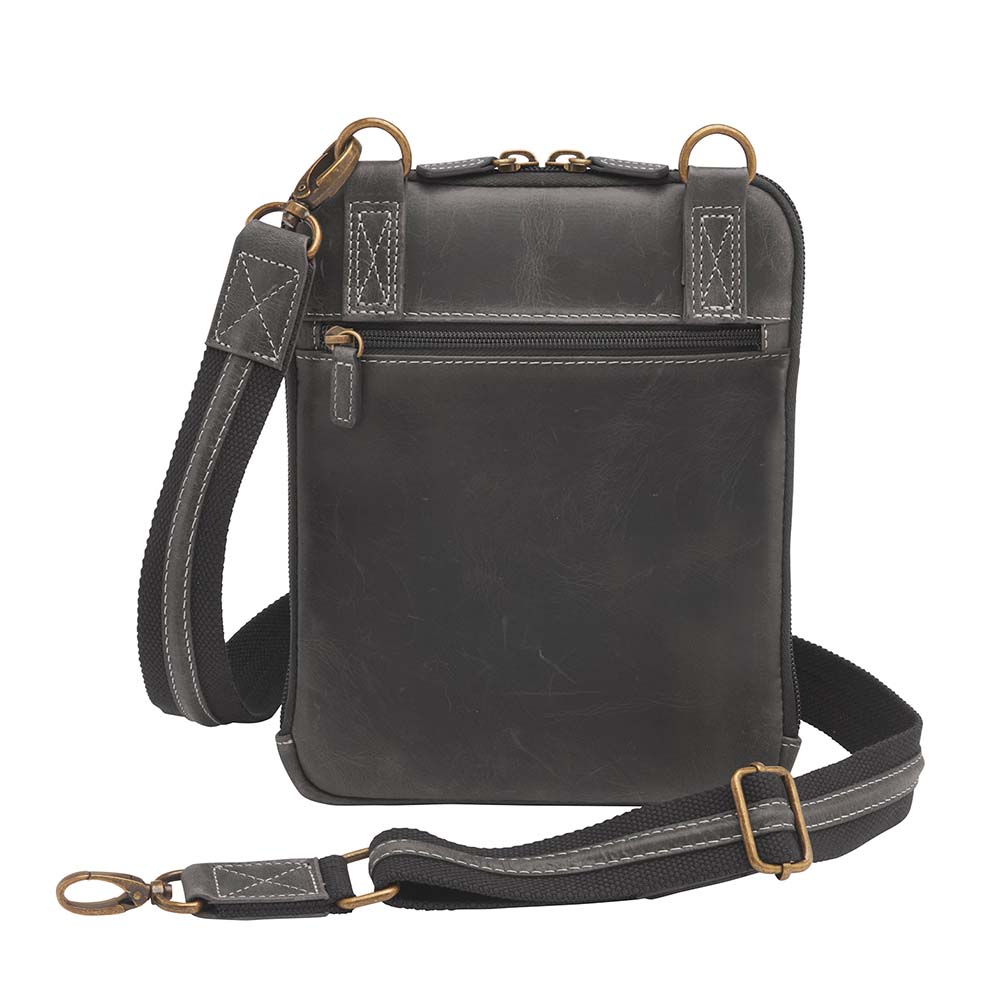 Gray Distressed full grain buffalo leather concealed carry shoulder pouch with slash-resistant crossbody strap, multi-directional draw options, and secure back zipper compartment — fits revolvers up to 1911 Commander.