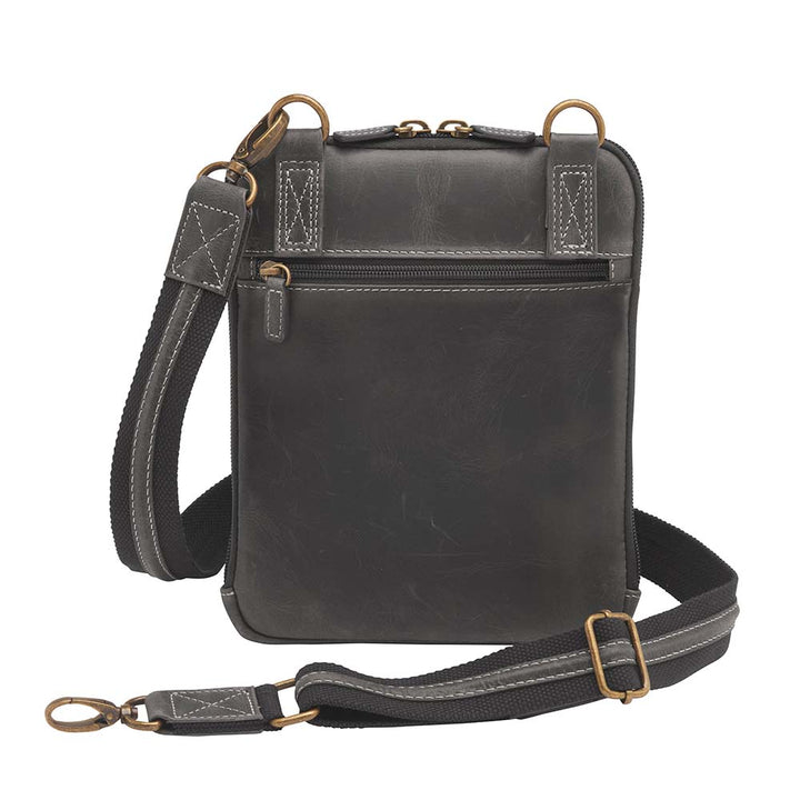 Gray Distressed full grain buffalo leather concealed carry shoulder pouch with slash-resistant crossbody strap, multi-directional draw options, and secure back zipper compartment — fits revolvers up to 1911 Commander.